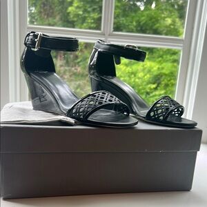 Aquatalia Black Doria Patent Wedge Sandals